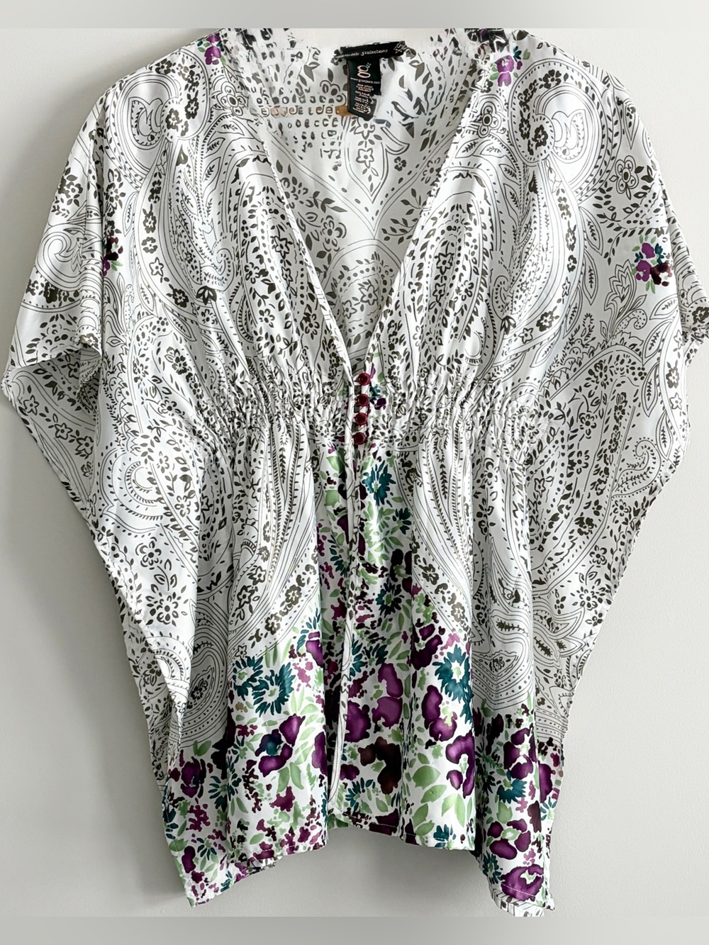 Grass Collection White,Olive,Purple Floral V-Neck Tunic Blouse. Size:XS MSRP:$60